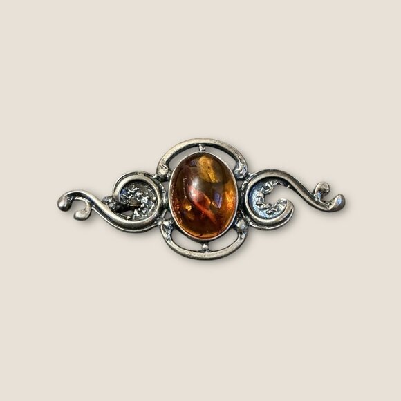 Vintage Estate Sterling Silver Brooch With Amber Cabochon - Picture 2 of 4